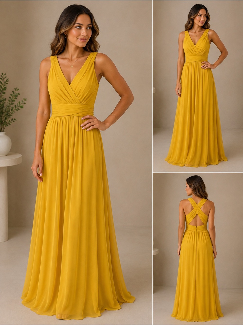 David’s Bridal Yellow Ruched Wrap Maxi Bridesmaid Formal Dress